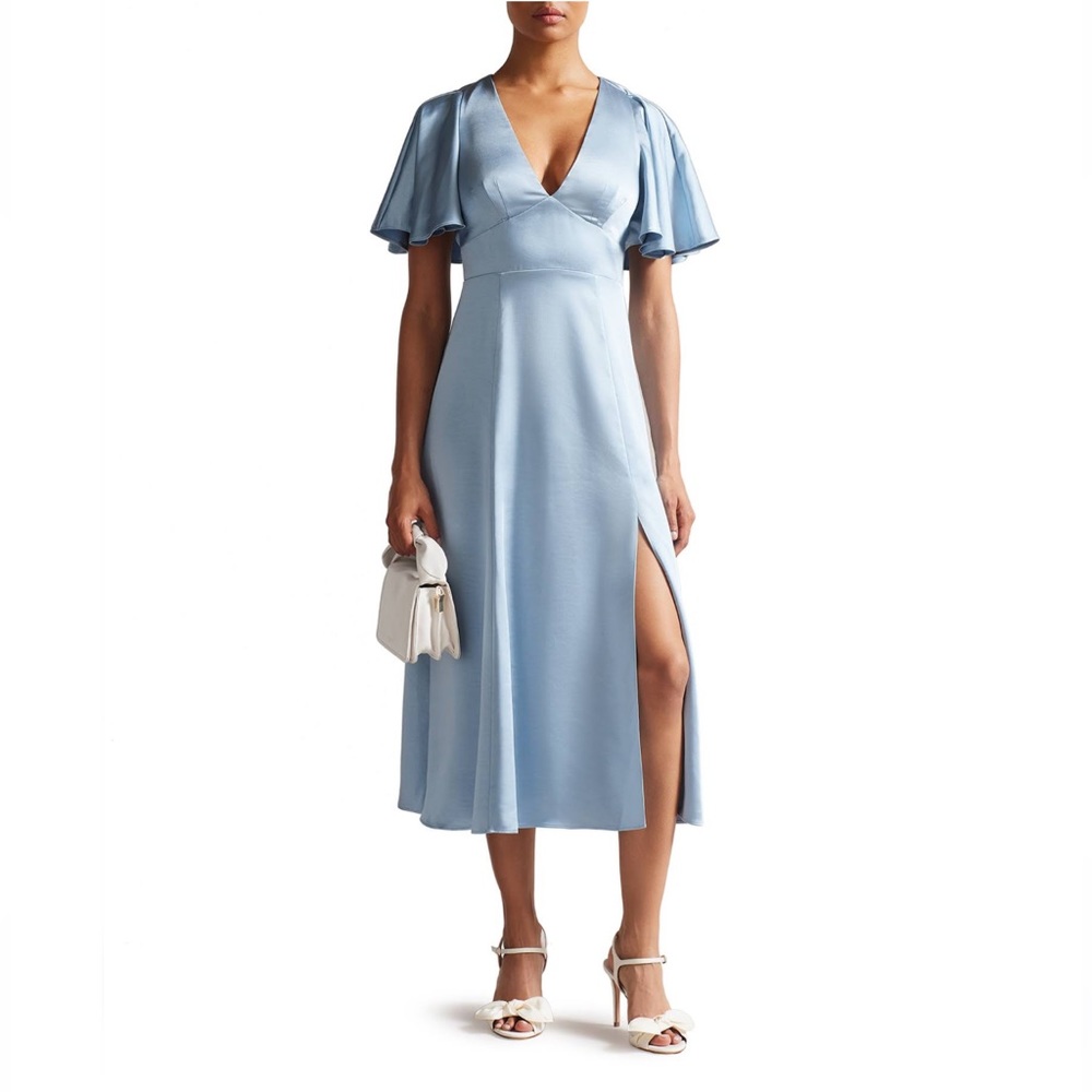 Ted Baker Blue Satin Flutter Sleeve Midi Dress Size 2